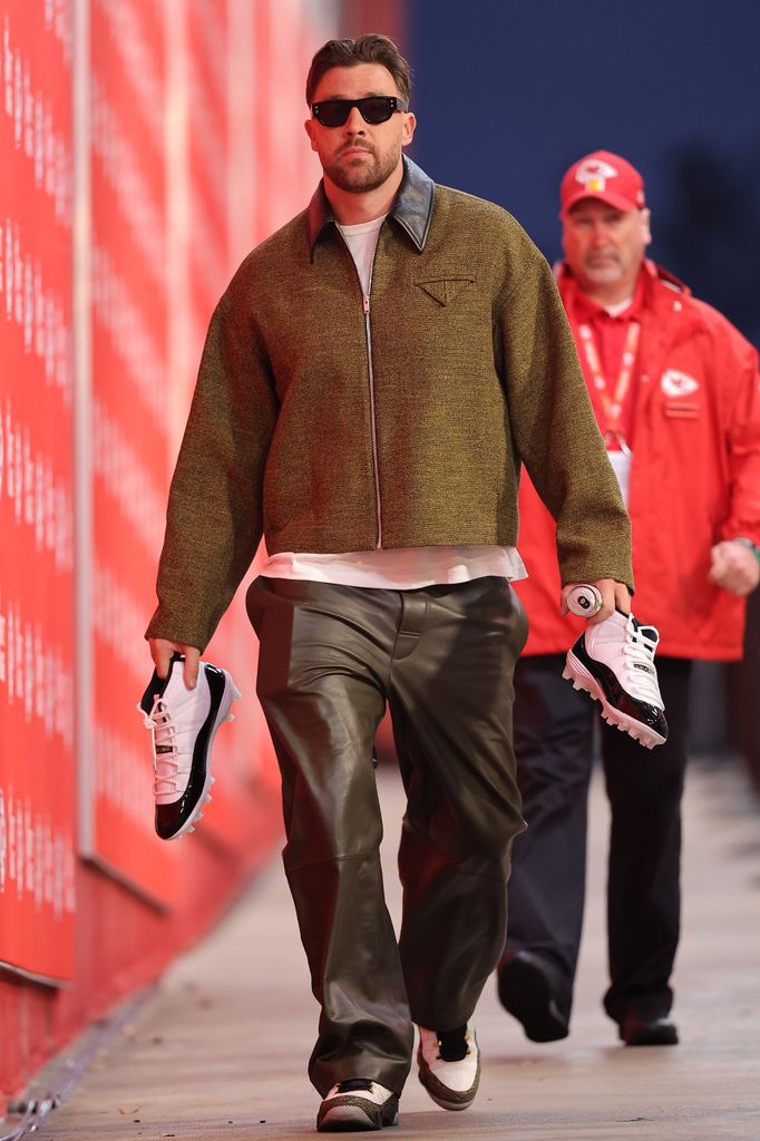 Travis Kelce #87 of the Kansas City Chiefs arrives before the game against the Tampa Bay Buccaneers at GEHA Field at Arrowhead Stadium on November 04, 2024