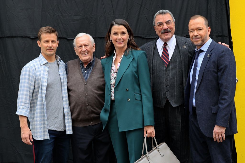 Will Estes, Len Cariou, Bridget Moynahan, Tom Selleck and Donnie Wahlberg are seen on the set of "Blue Bloods" in Greenpoint, Brooklyn on May 01, 2024 in New York City.