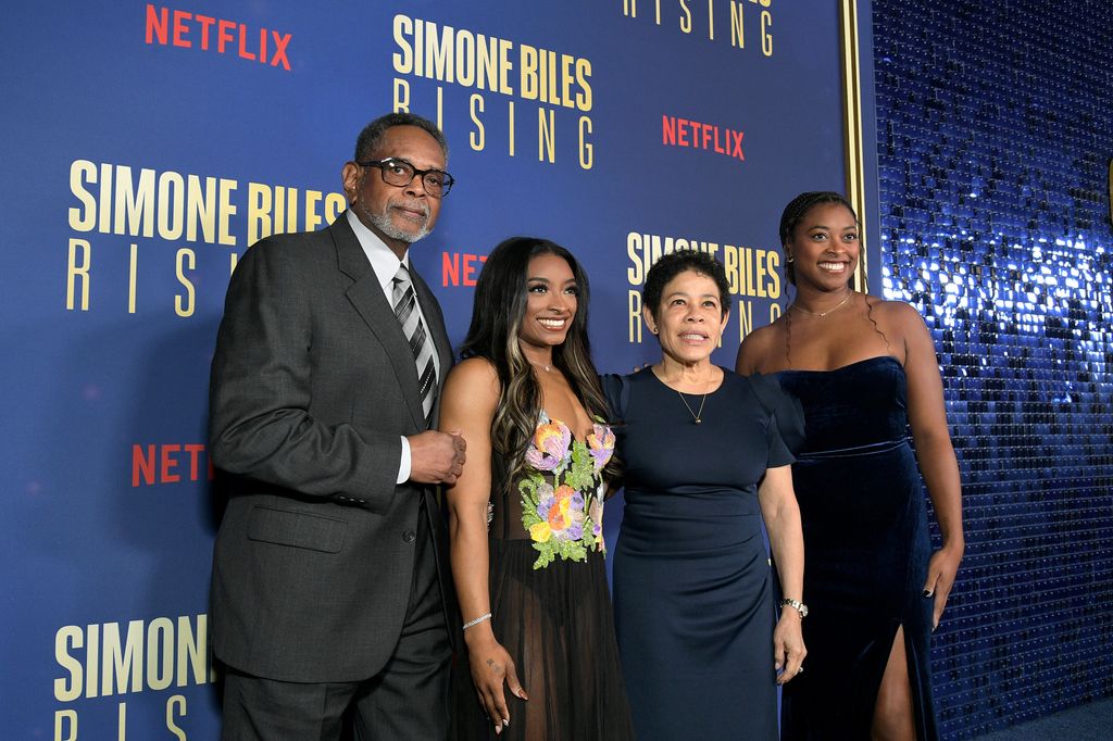 Ron Biles, Simone Biles, Nellie Biles and Adria Biles attend Netflix's Simone Biles Rising premiere event at The Egyptian Theatre Hollywood on October 23, 2024 in Los Angeles, California.