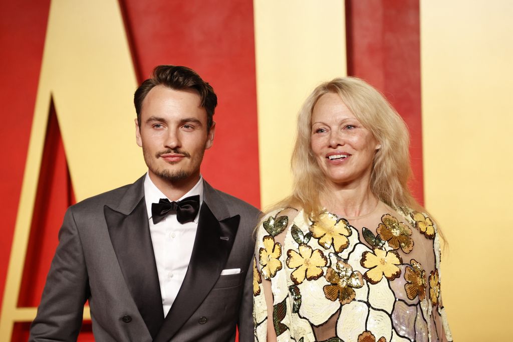 Canadian-American actress and model Pamela Anderson and her son, actor Brandon Thomas Lee, attend the Vanity Fair Oscars Party