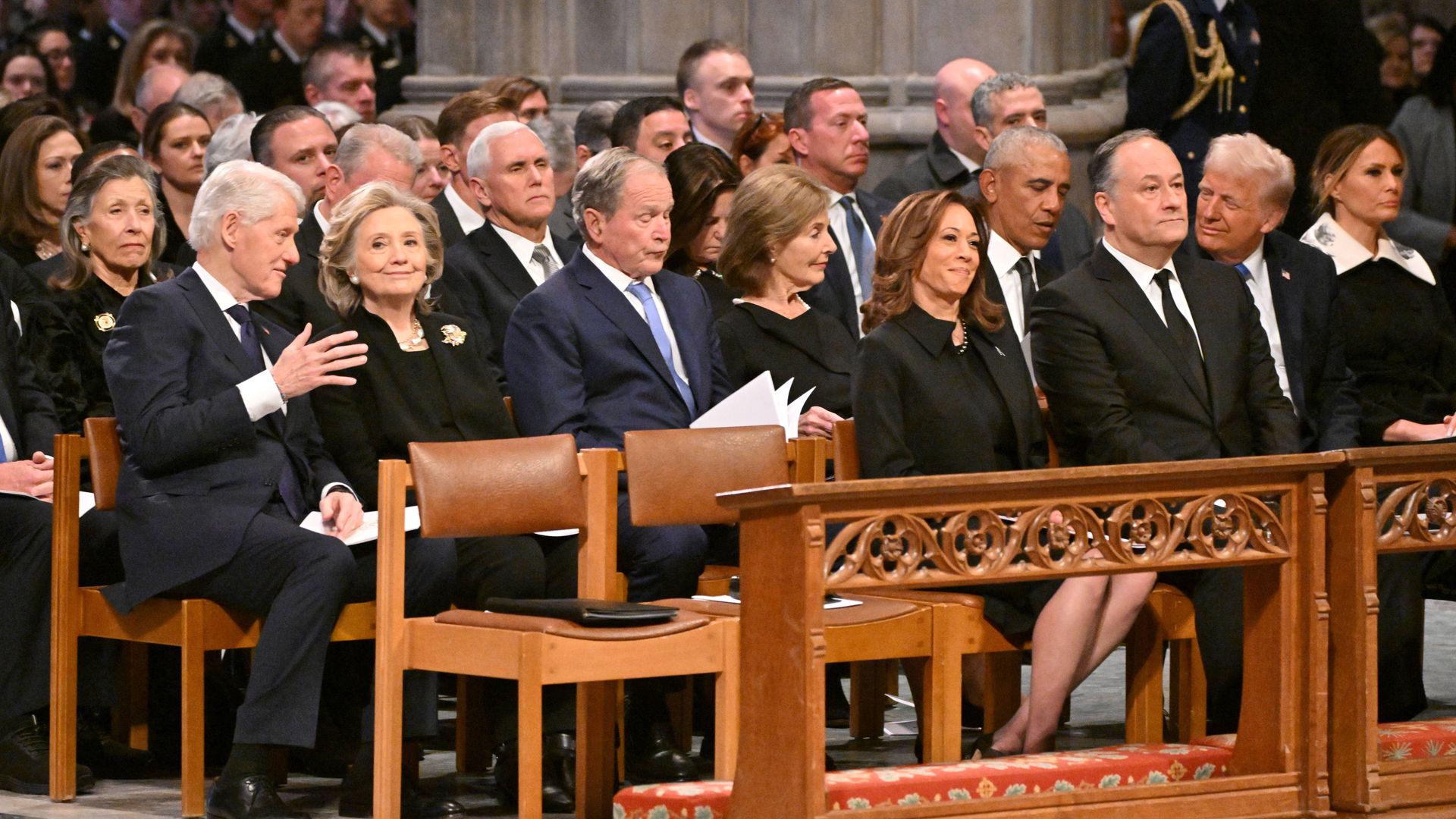 From L to R, former US President Bill Clinton, former Secretary of State Hillary Clinton, former President George W. Bush, his wife Laura Bush, Second Gentleman Doug Emhoff, Vice President Kamala Harris, President-elect Donald rump and his wife Melania Trump attend the State Funeral Service for former US President Jimmy Carter at the Washington National Cathedral in Washington, DC, on January 9, 2025.