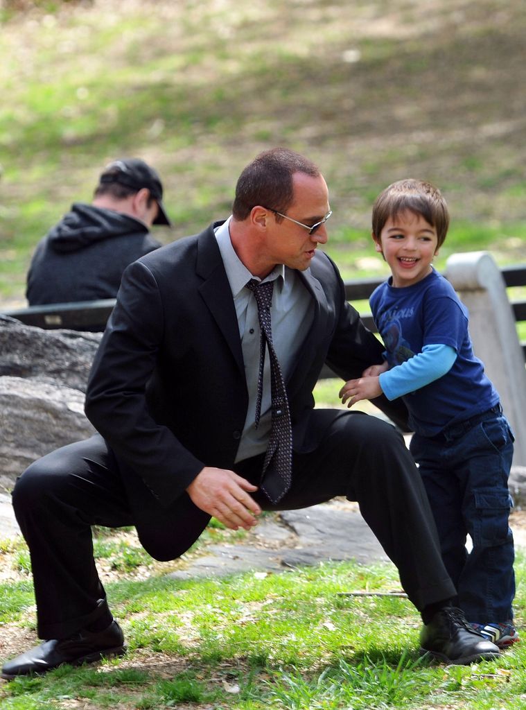 Christopher Meloni and Mariska Hargitay's son, August Hermann on location for "Law & Order: SVU" at Streets of Manhattan on April 12, 2010 in New York City