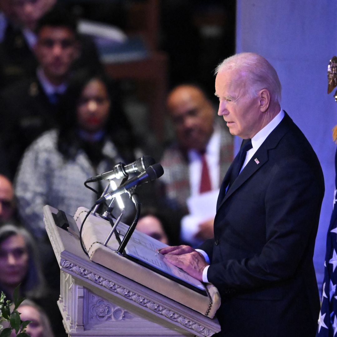 US President Joe Biden delivers the eulogy at the State Funeral Service for former US President Jimmy Carter at the Washington National Cathedral in Washington, DC, on January 9, 2025.