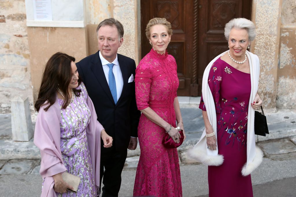 Princess Benedikte of Denmark (R) with her children Princess Alexandra (2-R) and Prince Gustav (2-L) and his wife Princess Carina (L) arrive for the wedding of Nikolaos De Grece with Chrysi Vardinogianni at the Church of Agios Nikolaos 