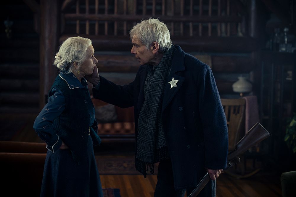 Harrison Ford places a hand on Helen Mirren's face in 1923 