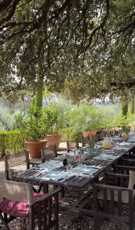 Shot of large outdoor dining table surrouded by chairs sitting underneath a tree in Sting's Italian villa garden