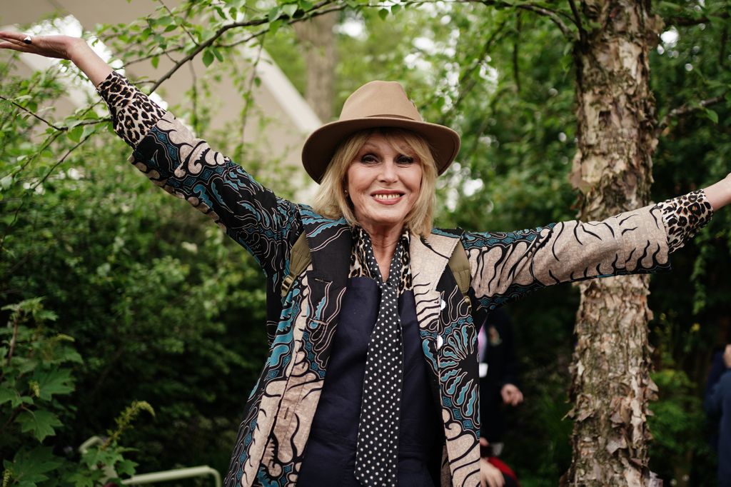 Joanna Lumley posing with palm trees 