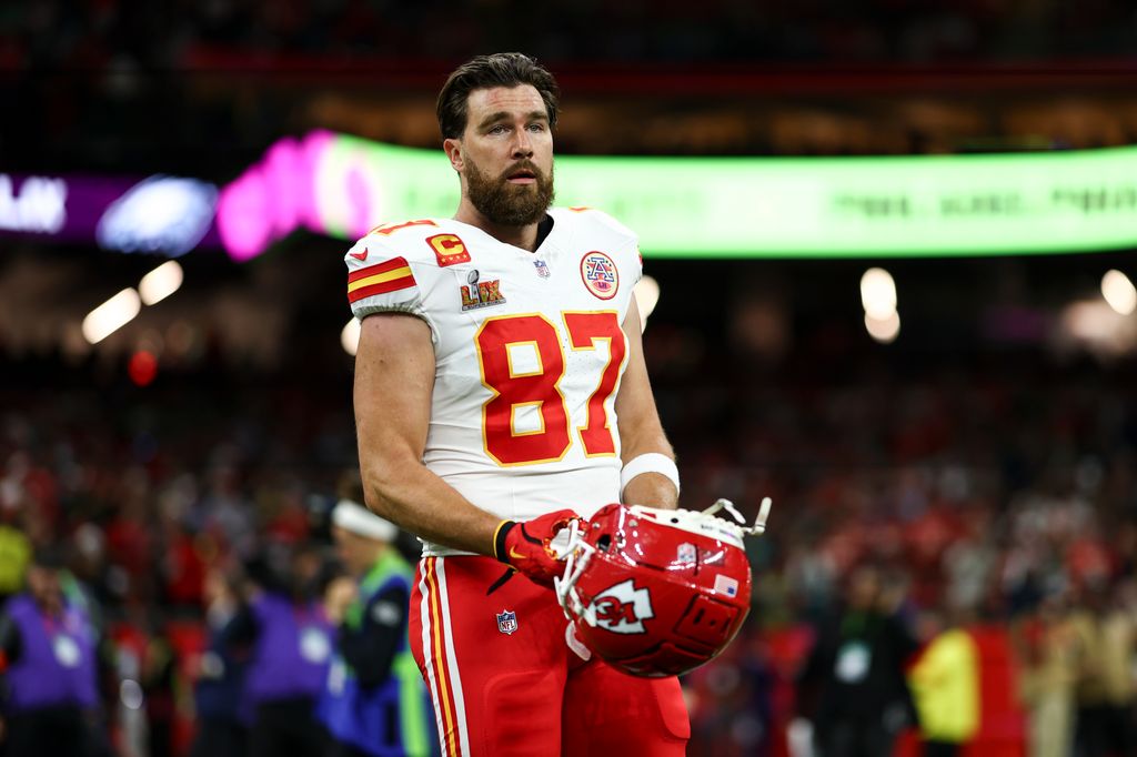 Travis Kelce #87 of the Kansas City Chiefs reacts on the field before Super Bowl LIX at Caesars Superdome on February 9, 2025 in New Orleans, Louisiana