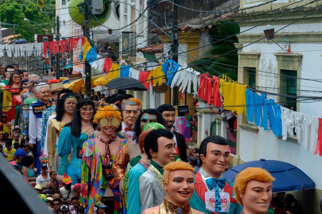 Revellers perform during the Gian Toys meeting in the carnival of Olinda, Pernambuco state, Brazil on February 13, 2018.