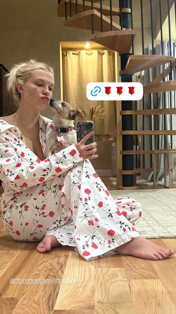 Millie Bobby Brown cozies up to one of her dogs in a selfie taken from her farm in Georgia, shared on Instagram