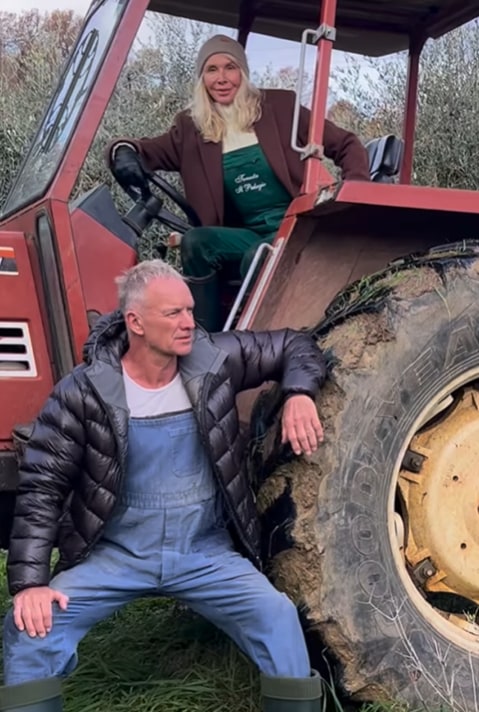 Sting and Trudie Styler pose on a tractor in their olive garden at their Tuscan villa