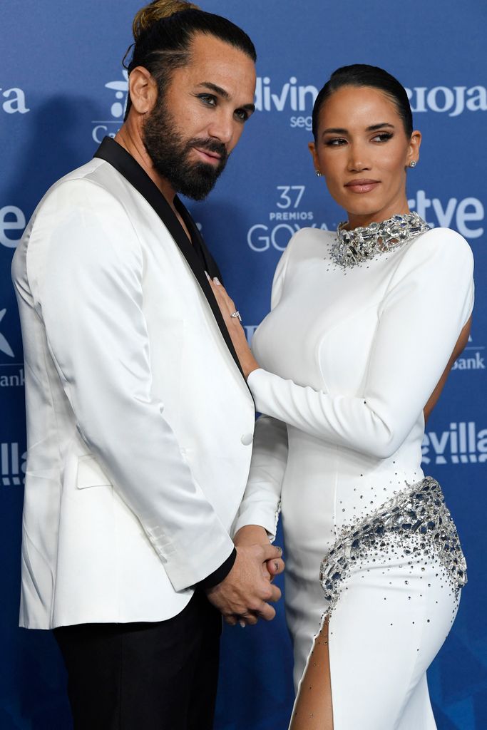 Spanish singer India Martinez (R) poses with her partner Spanish actor Ismael Vazquez on the Red Carpet at the 37th Goya awards gala in Seville, southern Spain, on February 11, 2023