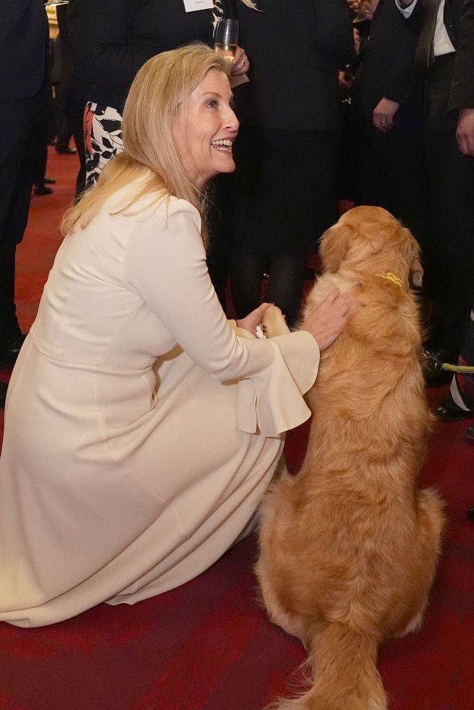 The Duchess of Edinburgh petting a guide dog