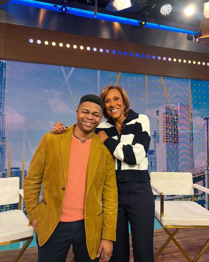 Robin Roberts embraces her nephew Jeremiah Craft after a segment concerning bone marrow donation on Good Morning America