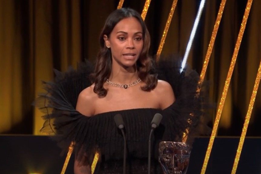 Zoe Saldana crying at 2025 BAFTAs 