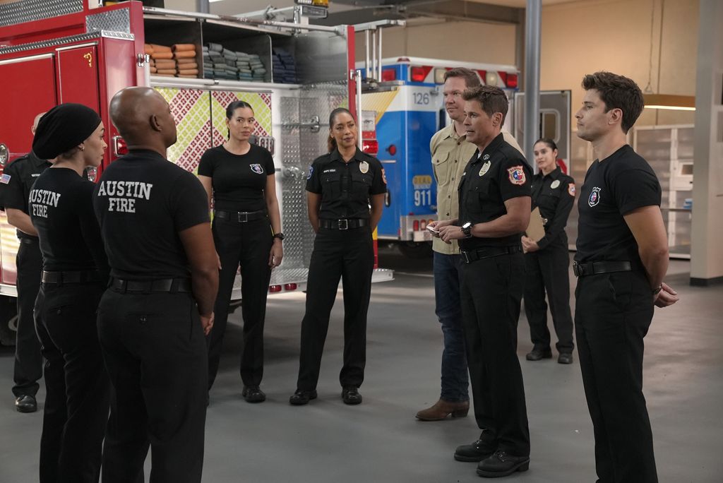 Natacha Karam, Brian Michael Smith, Brianna Baker, Gina Torres, Jim Parrack, Rob Lowe and Ronen Rubinstein in the "C12" episode of 9-1-1 Lone Star