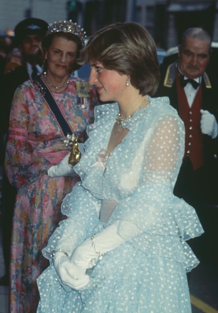 Princess Diana in a blue spotty dress