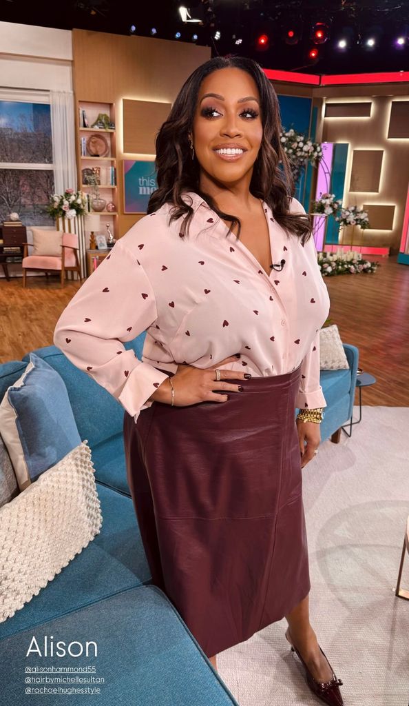 Alison Hammond heart print blouse, and red burgundy leather skirt