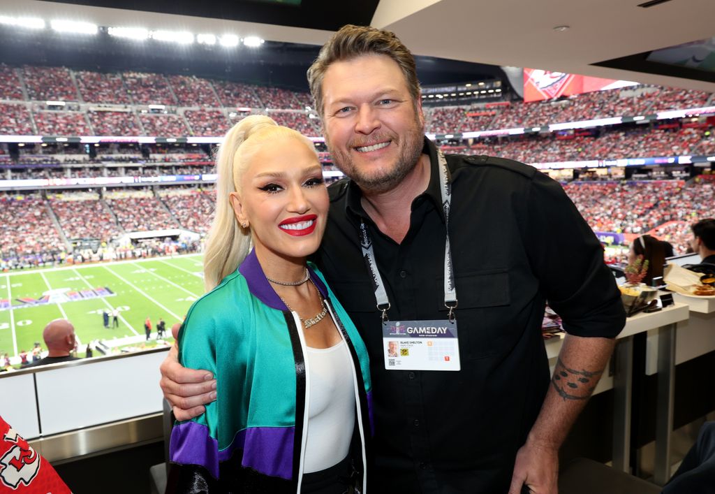 Gwen Stefani and Blake Shelton attend the Super Bowl LVIII Pregame at Allegiant Stadium on February 11, 2024 in Las Vegas, Nevada.