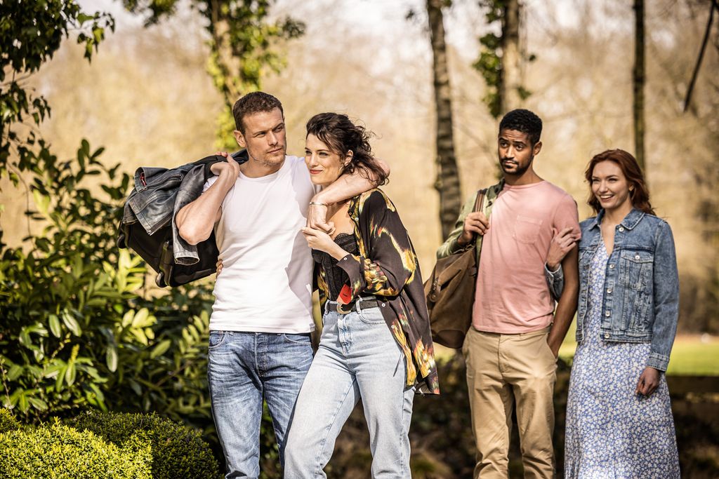 Sam Heughan, Jessica De Gouw, Alfred Enoch and Eleanor Tomlinson as Danny, Becka, Pete and Evie in The Couple Next Door 