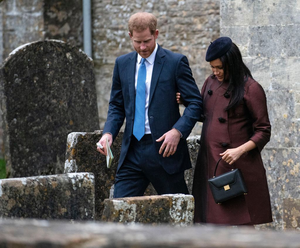 Harry and Meghan, Duke and Duchess of Sussex leave the christening of Zara and Mike Tindall's 2nd child Lena at St Nicholas Church in Gloucestershire.