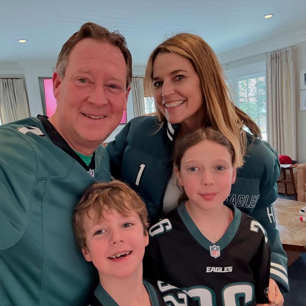 Savannah Guthrie, husband Michael Feldman and their children Vale and Charle prepare to watch the Eagles vs Commanders NFC game, shared on Instagram