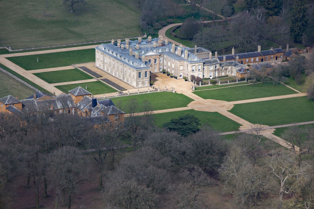 Aerial view of Althorp, this grade 1 listed stately home was the home of Lady Diana Spencer who later became the Princess of Wales, it is located on the Harlestone Road between the villages of Great Brington and Harlestone, 5 miles north west of Northampton. 