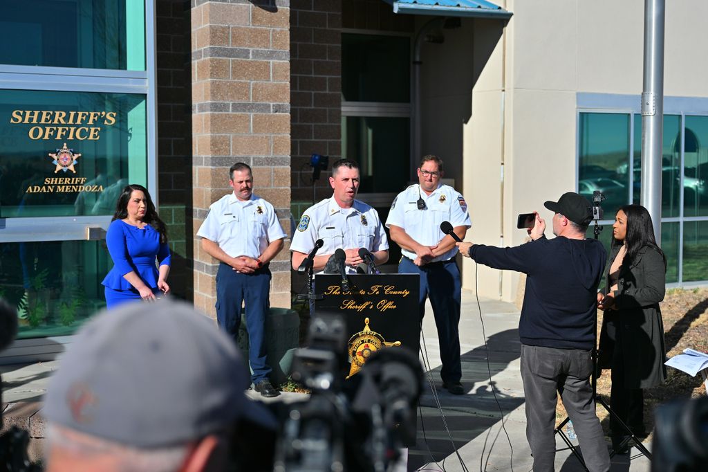 Chief Brian Moya (C) speaks during a press conference at the Santa Fe County Sheriff's Office to provide an update on the investigation into the deaths of actor Gene Hackman and his wife Betsy Arakawa 