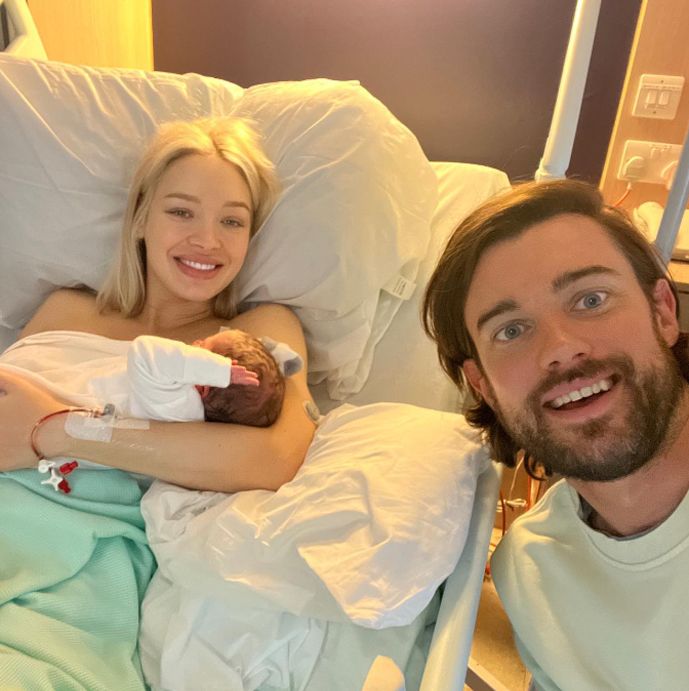 Roxy Horner with a baby girl in a hospital bed with Jack Whitehall to the side