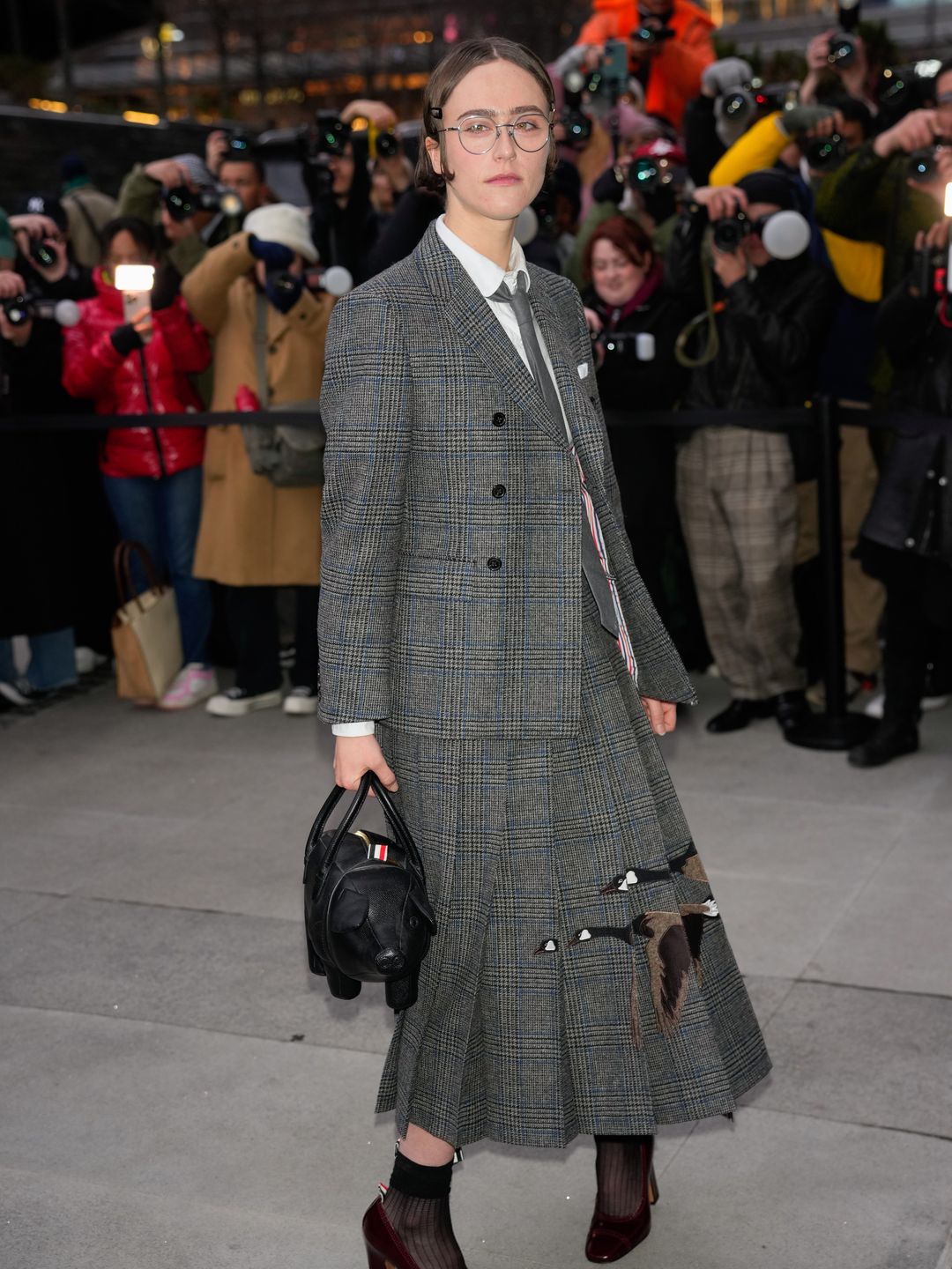 Ella Emhoff arrives at the Thom Browne Fashion Show on February 11, 2025 in New York City.