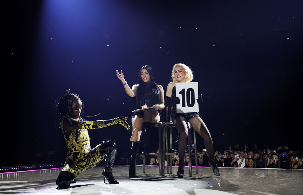 Estere, Lourdes Leon and Madonna perform during opening night of The Celebration Tour at The O2 Arena on October 14, 2023 in London, England.