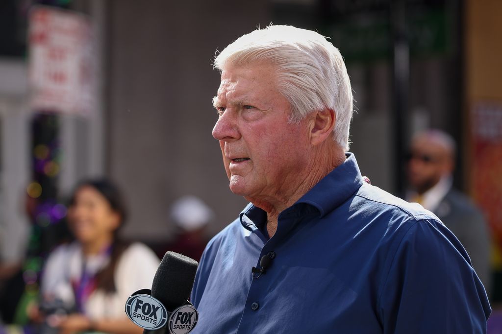 Jimmy Johnson talks into a microphone during a broadcast of Fox NFL Sunday on Bourbon Street ahead of Super Bowl LIX between the Kansas City Chiefs and the Philadelphia Eagles on February 8, 2025, in New Orleans, LA.