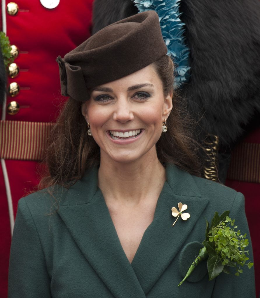 The Princess of Wales wears an emerald coat at the Regimental Photograph At The St Patricks Day Parade At Mons Barracks In Aldershot.