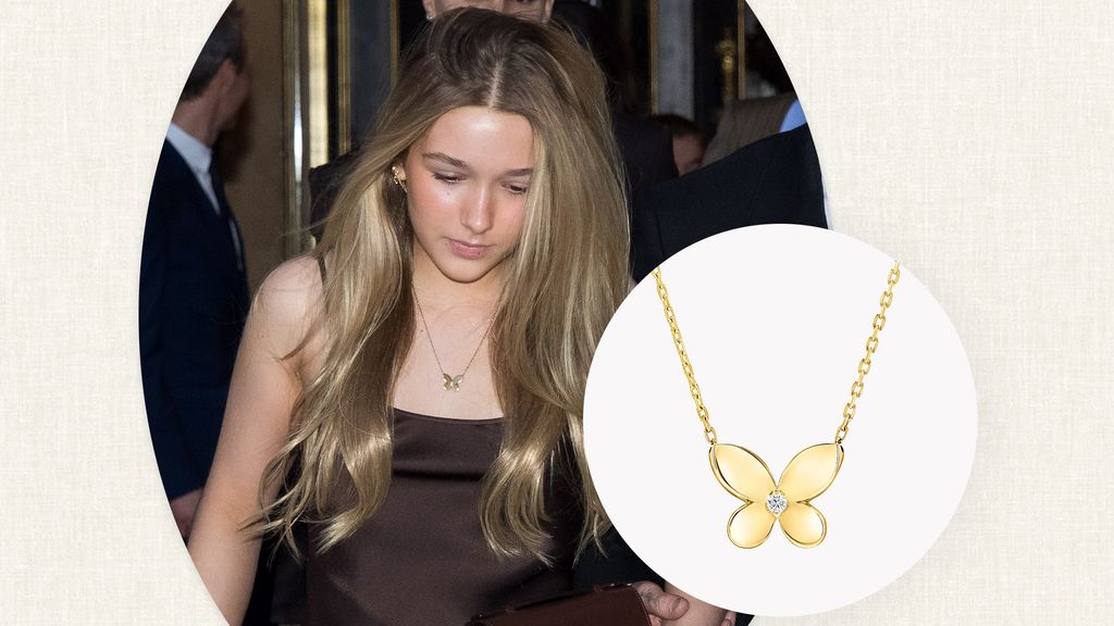 split screen collage of harper beckham and a butterfly necklace