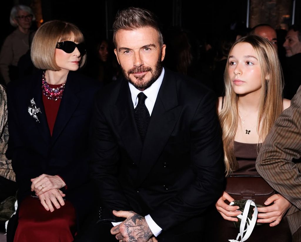 Harper Beckham sitting front row at fashion week with her dad and Anna Wintour