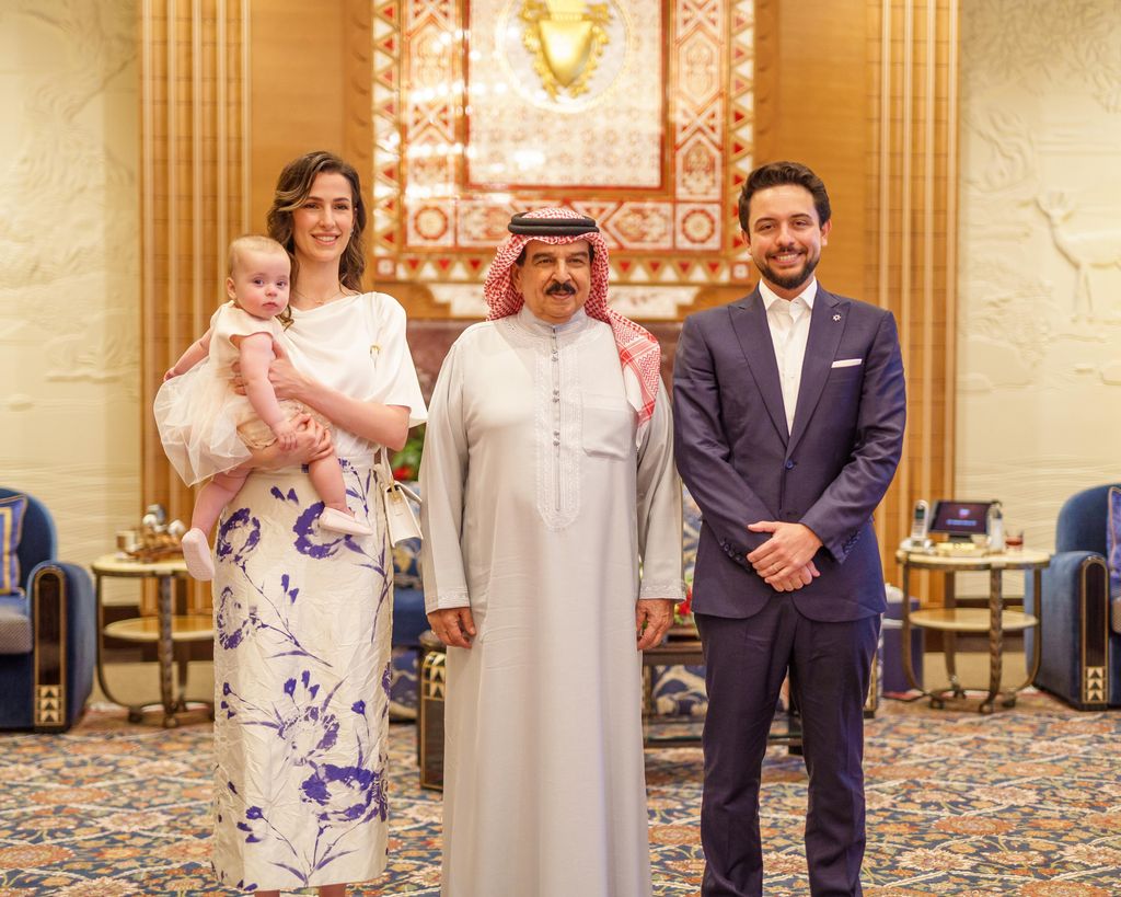 Crown Prince Hussein, Princess Rajwa and baby Princess Iman with King Hamad bin Isa Al Khalifa of Bahrain at the Al-Sakhir Palace
