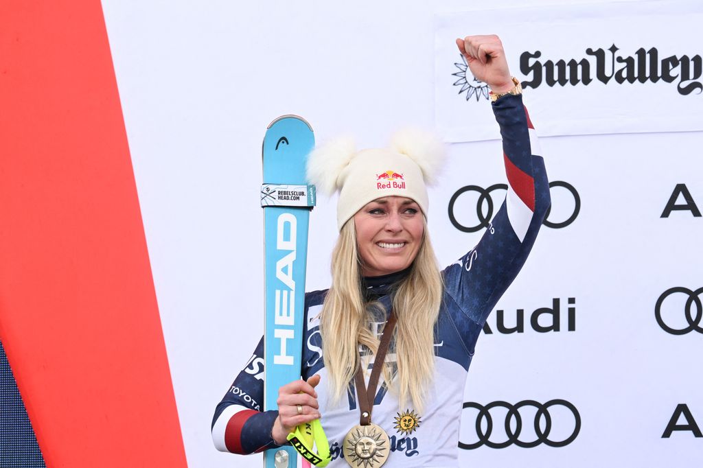 USA's Lindsey Vonn cries on the podium after placing second in the women's Super-G event at the Audi FIS Ski World Cup Sun Valley Finals in Sun Valley, Idaho, on March 23, 2025