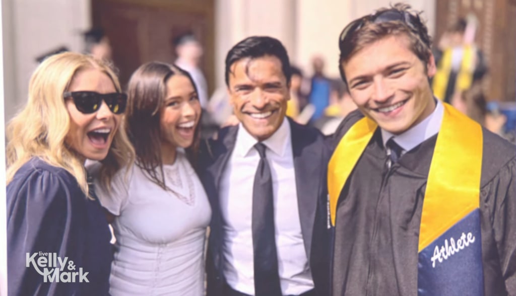 Kelly Ripa, Mark Consuelos and Lola Consuelos gather with Joaquin Consuelos at his graduation ceremony at the University of Michigan, shared on LIVE with Kelly and Mark