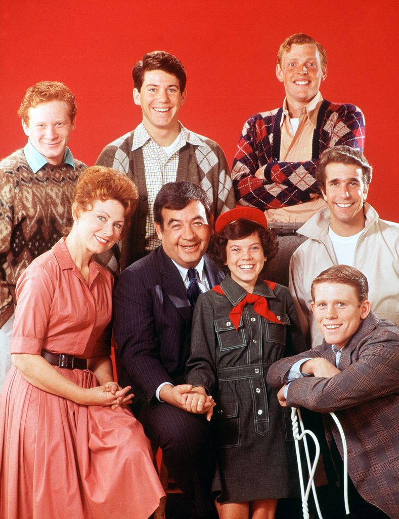 bottom left: Marion (Marion Ross) and Howard (Tom Bosley), the parents of Joanie (Erin Moran), Richie (Ron Howard, bottom right) and Chuck (original actor Gavan O'Herlihy, top right, was replaced by Randolph Roberts in 1974, before Chuck went to college and was never seen again). Richie's friends were Ralph (Donny Most, top left) and Potsie (Anson Williams, top center). Henry Winkler (center, right) played Fonzie, who moved into a small apartment over the Cunningham garage