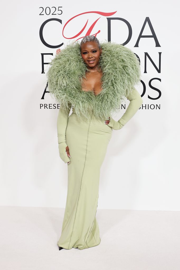 Claire Sulmers attends the 2025 CFDA Awards at The American Museum of Natural History in a mint green floor length dress with huge feathered neckline