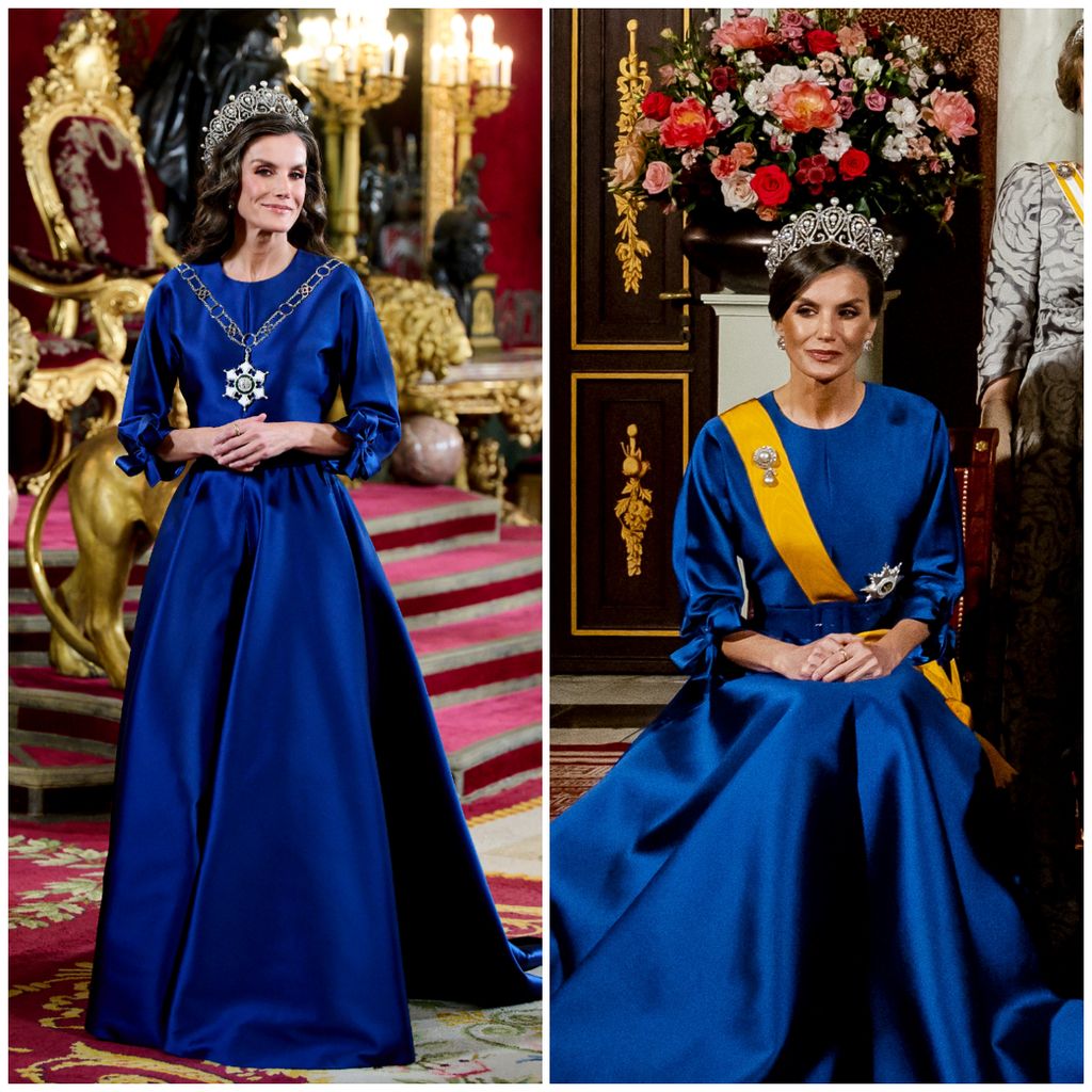 Letizia wearing the same gown and tiara in 2025 (left) and 2024 (right)