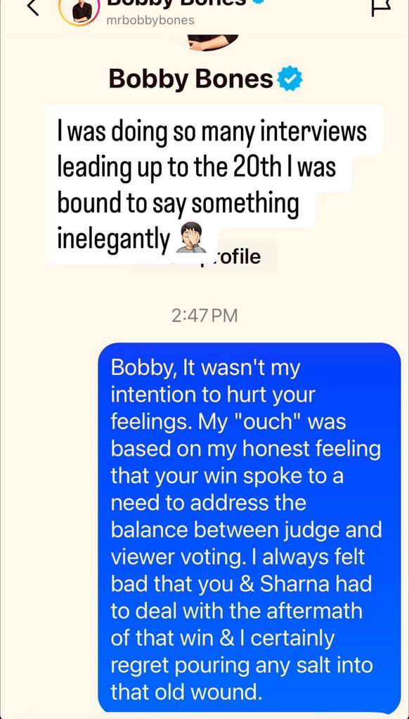 Screenshot shared by Tom Bergeron of an apology sent to Bobby Bones over his comments about his 2018 DWTS win