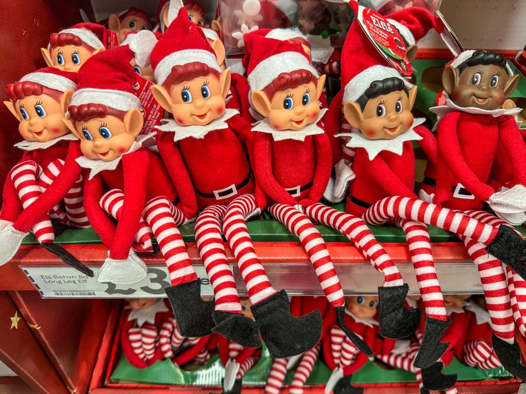 : Christmas Elf on the Shelf toys are displayed for sale on November 18, 2024 in Bath, England.