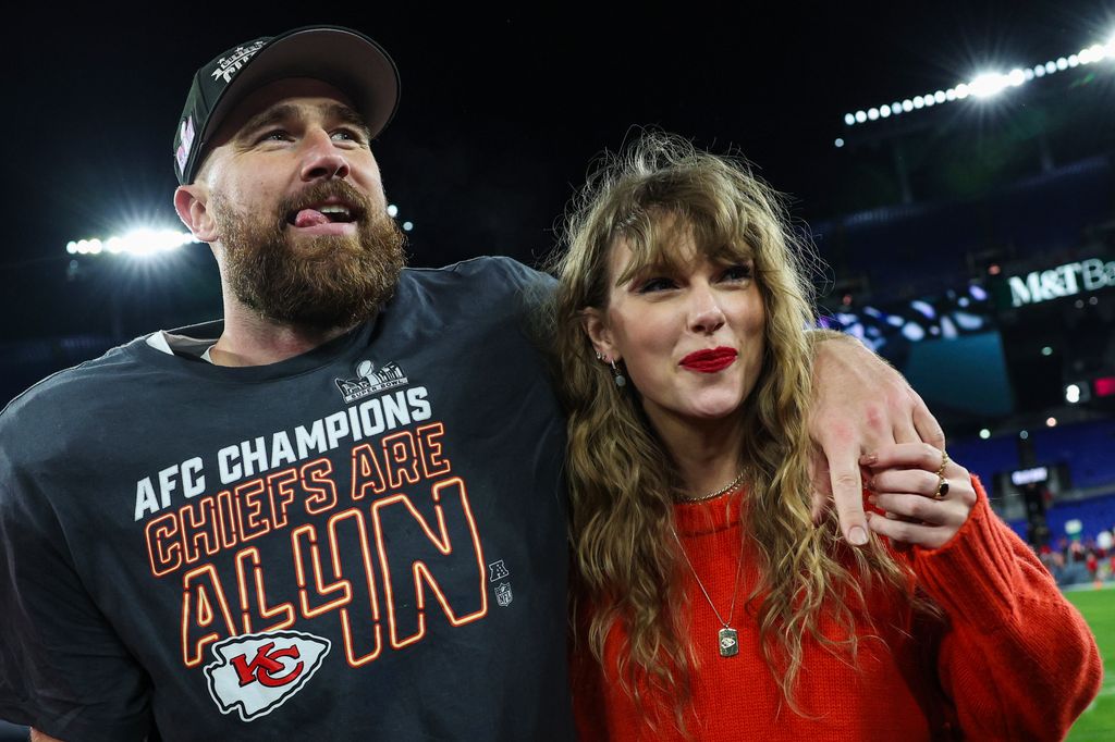 Travis celebrates with Taylor Swift after defeating the Baltimore Ravens, 2024