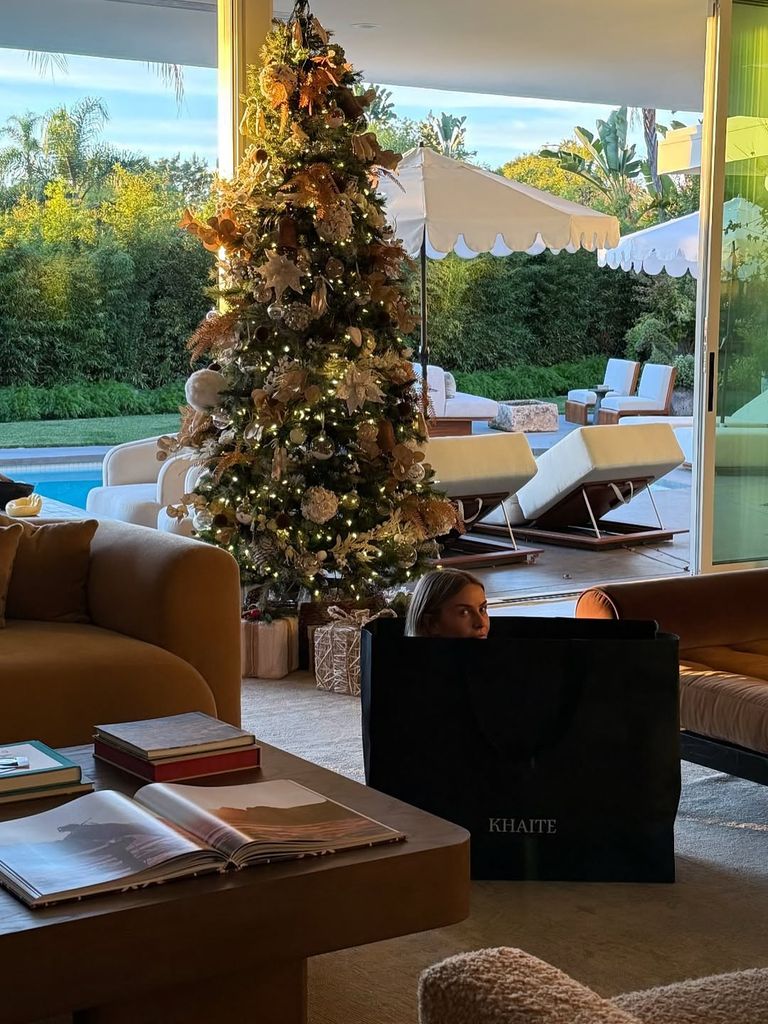 The TV star playfully got in a gift bag under the tree