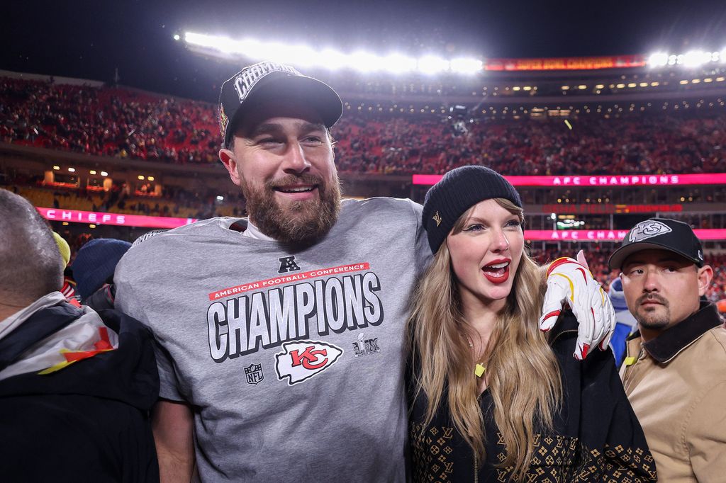 photo of travis kelce with arm around taylor swift afc championship