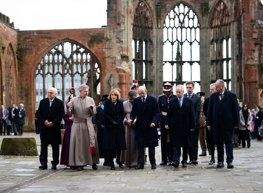 Federal President Frank-Walter Steinmeier (l) and his wife Elke Budenbender (3rd from left) visit Coventry Cathedral and are given a tour of the cathedral together with Prince Edward (M), Duke of Kent. 