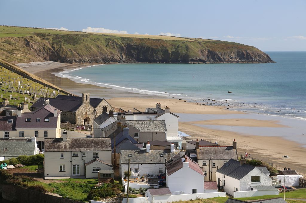 view on fishing village, Aberdaron, Wales, Great Britain