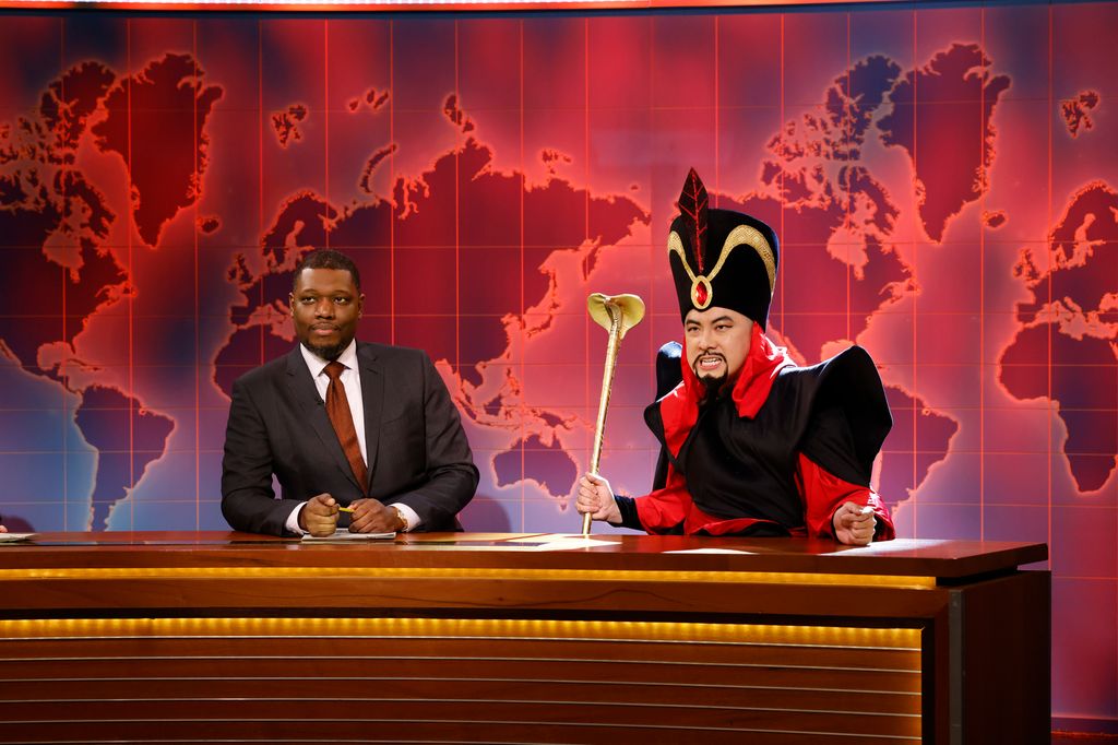 Anchor Michael Che and Bowen Yang as Jafar during Weekend Update 