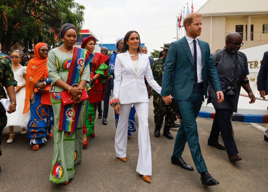 Prince Harry, Duke of Sussex and Meghan, Duchess of Sussex meet with the Chief of Defence Staff of Nigeria at the Defence Headquarters in Abuja on May 10, 2024 in Abuja, Nigeria. (Photo by Andrew Esiebo/Getty Images for The Archewell Foundation)